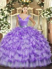 Classical Lavender Organza Zipper V-neck Sleeveless Floor Length Sweet 16 Dresses Ruffled Layers