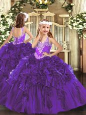 Amazing Purple Sleeveless Beading and Ruffles Floor Length Little Girl Pageant Dress