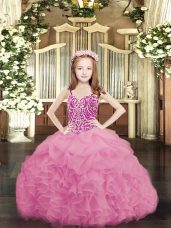 Best Spaghetti Straps Sleeveless Lace Up Kids Formal Wear Rose Pink Organza