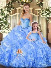 Traditional Sweetheart Sleeveless 15th Birthday Dress Floor Length Beading and Ruffles Baby Blue Organza