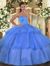 Baby Blue Sleeveless Organza Lace Up Ball Gown Prom Dress for Military Ball and Sweet 16 and Quinceanera