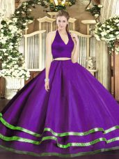 Purple Tulle Zipper Quinceanera Gowns Sleeveless Floor Length Ruffled Layers