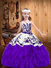 Beautiful Purple Ball Gowns Embroidery and Ruffles Little Girls Pageant Dress Lace Up Organza Sleeveless Floor Length