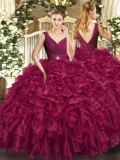 Burgundy V-neck Backless Beading and Ruffles Vestidos de Quinceanera Sleeveless