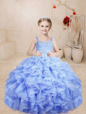 Floor Length Lace Up Child Pageant Dress Lavender for Sweet 16 and Quinceanera with Beading and Ruffles
