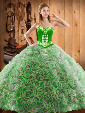 With Train Multi-color Ball Gown Prom Dress Satin and Fabric With Rolling Flowers Sweep Train Sleeveless Embroidery