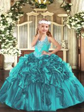 Teal Sleeveless Beading and Ruffles Floor Length Custom Made