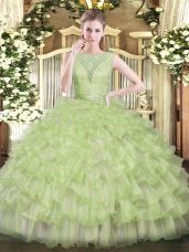 Glittering Floor Length Yellow Green Ball Gown Prom Dress Tulle Sleeveless Beading and Ruffled Layers