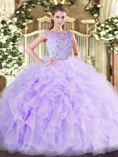 Lavender Tulle Zipper Quinceanera Gown Sleeveless Floor Length Beading and Ruffles