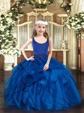 Wonderful Sleeveless Organza Floor Length Zipper Little Girls Pageant Dress in Blue with Beading and Ruffles