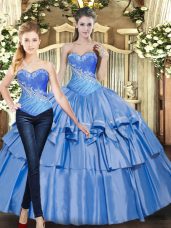 Glorious Baby Blue Tulle Lace Up Quince Ball Gowns Sleeveless Floor Length Beading and Ruffled Layers