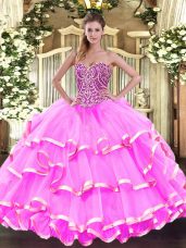Most Popular Rose Pink Lace Up Sweetheart Beading and Ruffled Layers Sweet 16 Dress Organza Sleeveless