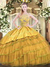 On Sale Gold Zipper Quinceanera Gowns Beading and Embroidery and Ruffled Layers Sleeveless Floor Length