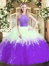 Floor Length Multi-color 15 Quinceanera Dress Tulle Sleeveless Beading and Ruffles