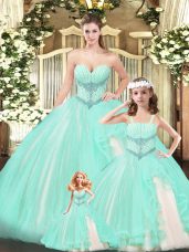 Floor Length Lace Up 15 Quinceanera Dress Aqua Blue for Military Ball and Sweet 16 and Quinceanera with Beading