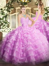 Exceptional Lilac Ball Gowns Sweetheart Sleeveless Organza Floor Length Lace Up Beading and Ruffled Layers Quinceanera Dress