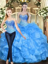 Simple Floor Length Two Pieces Sleeveless Baby Blue Quinceanera Gown Lace Up