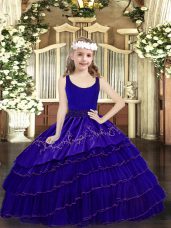 Floor Length Blue Kids Formal Wear Organza Sleeveless Beading and Embroidery and Ruffled Layers