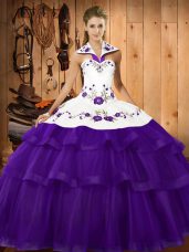 Halter Top Sleeveless Sweep Train Lace Up Vestidos de Quinceanera Purple Organza