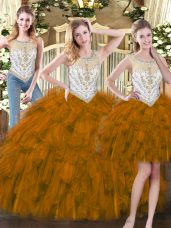 Best Selling Brown Scoop Zipper Beading and Ruffles Quinceanera Dress Sleeveless