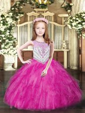 Latest Sleeveless Floor Length Beading and Ruffles Zipper Party Dress with Fuchsia