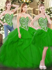 Green Lace Up Quinceanera Gowns Beading and Ruffles Sleeveless Floor Length