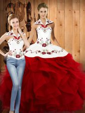 Halter Top Sleeveless Sweet 16 Dress Floor Length Embroidery and Ruffles Wine Red Satin and Organza