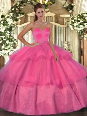 Sweet Hot Pink Sleeveless Floor Length Beading and Ruffled Layers Lace Up Sweet 16 Dresses