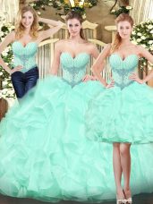 Wonderful Apple Green Lace Up Sweetheart Ruffles Sweet 16 Dress Organza Sleeveless