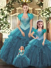 Teal Sleeveless Beading and Ruffles Floor Length Sweet 16 Dresses