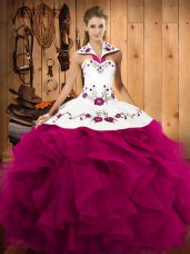 Graceful Fuchsia Lace Up Quinceanera Dresses Embroidery and Ruffles Sleeveless Floor Length