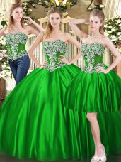 Attractive Beading Sweet 16 Dress Green Lace Up Sleeveless Floor Length