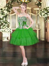 Green Organza Lace Up Prom Evening Gown Sleeveless Mini Length Beading and Ruffled Layers