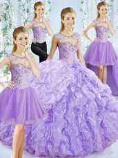 Fantastic Sleeveless Organza Brush Train Lace Up Ball Gown Prom Dress in Lavender with Beading and Ruffled Layers