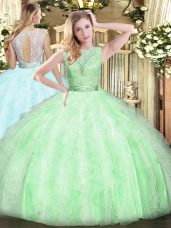 Best Selling Lace and Ruffles Vestidos de Quinceanera Apple Green Backless Sleeveless Floor Length