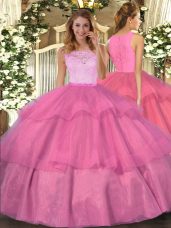 Fashion Scoop Sleeveless Clasp Handle Quince Ball Gowns Hot Pink Organza