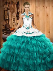 Graceful Turquoise Quinceanera Dresses Military Ball and Sweet 16 and Quinceanera with Embroidery and Ruffled Layers Halter Top Sleeveless Lace Up
