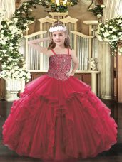 Red Ball Gowns Tulle Straps Sleeveless Beading and Ruffles Floor Length Lace Up Pageant Gowns For Girls