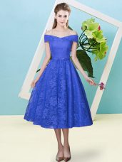Glorious Empire Bridesmaid Dress Blue Off The Shoulder Lace Cap Sleeves Tea Length Lace Up