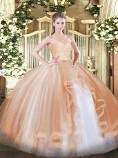 Beautiful Champagne Ball Gowns Sweetheart Sleeveless Tulle Floor Length Lace Up Ruffles Quince Ball Gowns