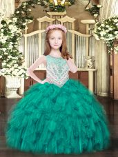 Scoop Sleeveless Teens Party Dress Floor Length Beading and Ruffles Turquoise Organza