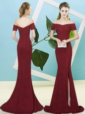 Discount Burgundy Off The Shoulder Zipper Sequins Evening Dress Sweep Train Short Sleeves