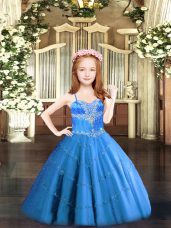 Baby Blue Sleeveless Tulle Lace Up Little Girls Pageant Dress Wholesale for Party and Quinceanera