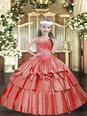 Coral Red Ball Gowns Straps Sleeveless Organza Floor Length Lace Up Beading and Ruffled Layers Evening Gowns