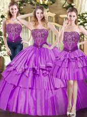Delicate Eggplant Purple Sweet 16 Dresses Military Ball and Sweet 16 and Quinceanera with Beading and Ruffled Layers Strapless Sleeveless Lace Up