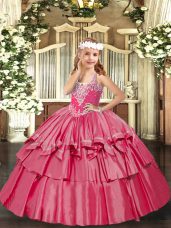 Hot Pink Organza Lace Up Pageant Dress Womens Sleeveless Floor Length Beading and Ruffled Layers