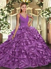 Classical With Train Lilac Quinceanera Dress V-neck Sleeveless Sweep Train Backless