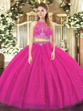 Floor Length Zipper Sweet 16 Quinceanera Dress Fuchsia for Military Ball and Sweet 16 and Quinceanera with Beading