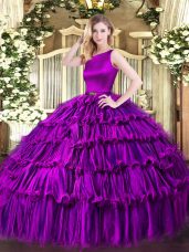 High Class Scoop Sleeveless Vestidos de Quinceanera Floor Length Ruffled Layers Eggplant Purple Organza