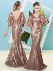 High Class Brown Zipper Homecoming Dress Sequins Half Sleeves Floor Length